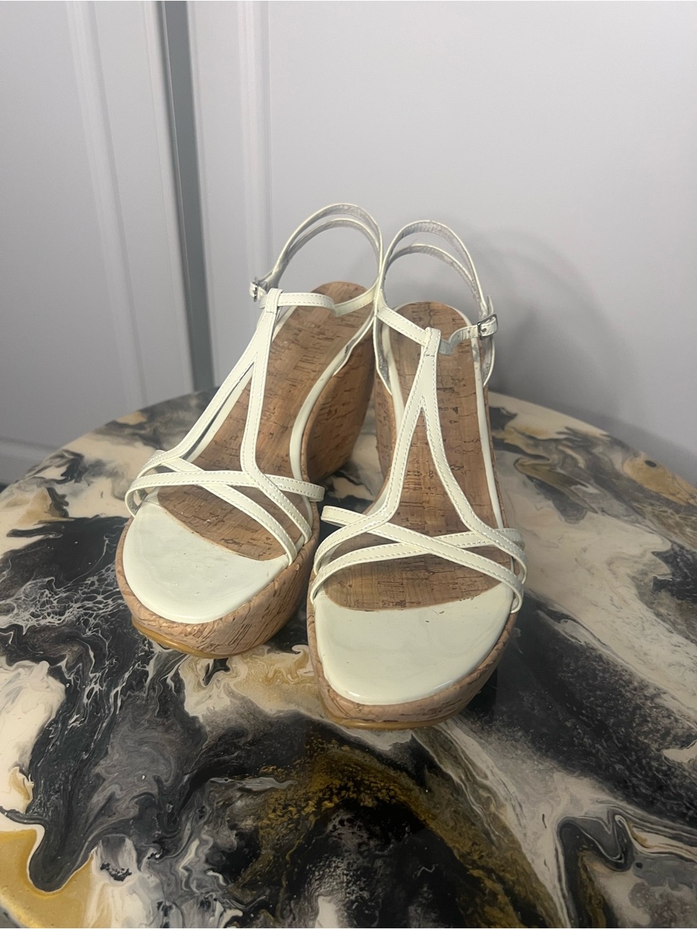 Vintage Y2K Stuart Weitzman White Cork Wedge Sandals - Picture 3 of 14